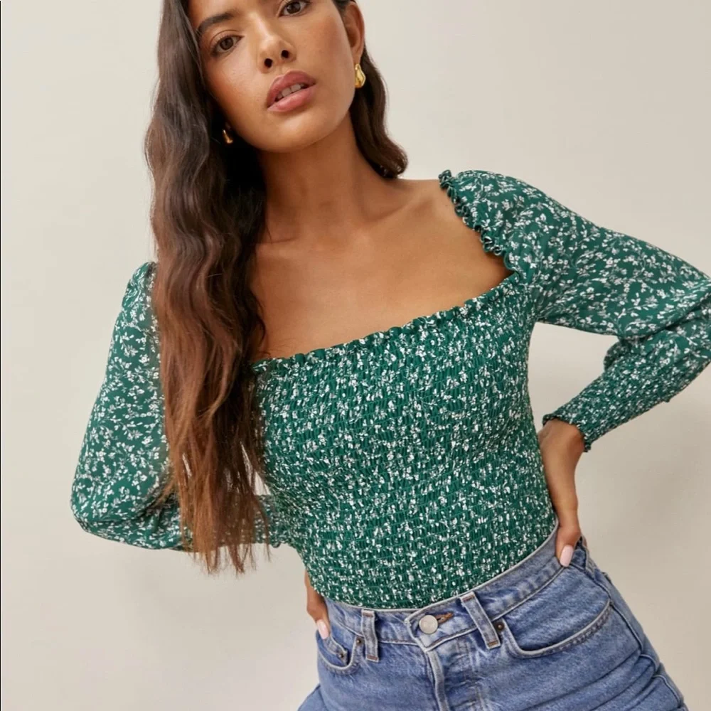 Reformation Green Floral Smocked Square-Neck Blouse